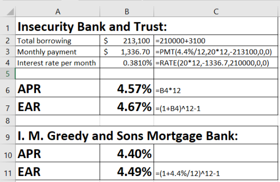 в 1 Insecurity Bank and Trust: 2 Total borrowing $ 213,100 =210000+3100 3 Monthly payment $ 1,336.70 =PMT(4.4%/12,20*12,-2131