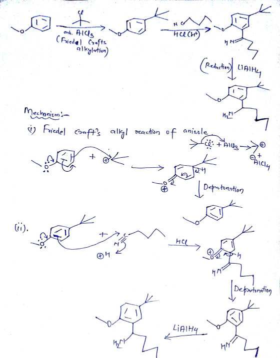 FICH auh. AlCl3 (Friedal Crafts alkylation) 2 . Redu H Mechanism:- 5) Friedel qafts alkyl reaction of anisolen yea thalas->