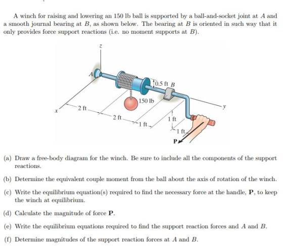 A winch for raising and lowering an 150 lb ball is supported by a ball-and-socket joint at A and a smooth journal bearing at