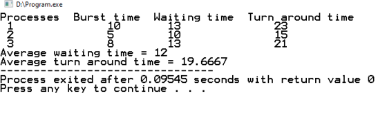 D:\Program.exe Processes Burst t Waiting time Turn around time Nort NHN Average waiting time = 12 Average turn around time =