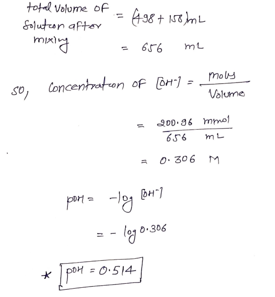total volume of Solution aftor = (498+ 158 m2 mixing = 656 me so, concentration of Cora) - mous Volume = 200.96 mmol - 656 m2