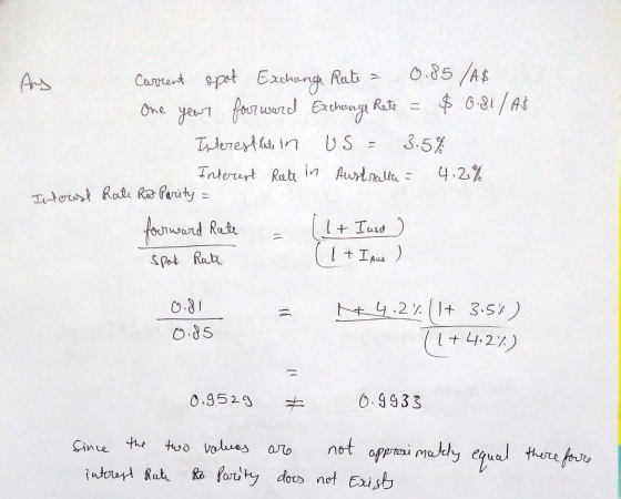 Ans Current spot Exchange Rate = 0.85 /A$ One year four ward Exchange Rate = $0.81/A Interest lade in US = 3.5% Interest Rate