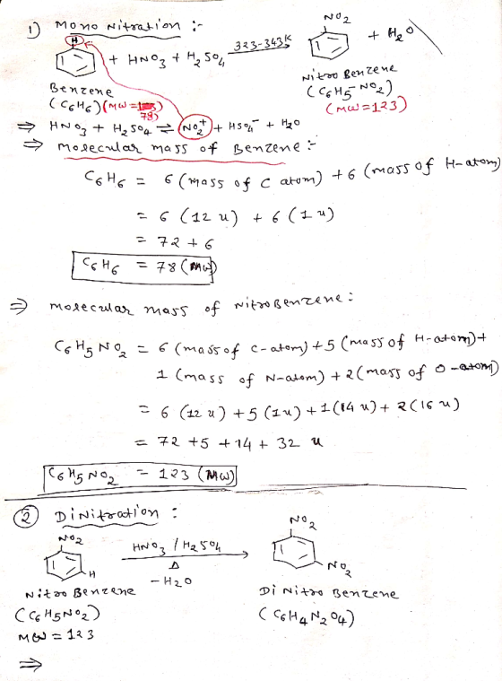 NO2 Mono Nitration : + 401 323-343 + HNO3 + H, 50, 333-3435 D Benzene (C6H6) (MW =18 T + HNO₃ + H₂SO4 Nitro Benzene (C6H5 NO2