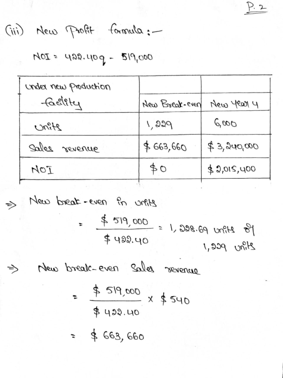 P. 2 (iii) New profit formula :- NOI = 422.409 - 519,000 under new production facility New Break-even New year 4 Units 1929 6
