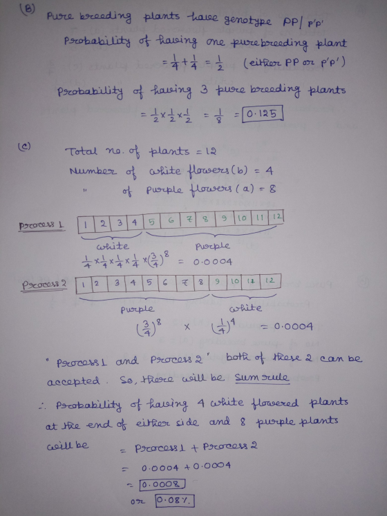 Pure breeding plants have genetype PP/ Pp probability of having one pure breeding plant = 2 + 2 = 1 / 2 (either pp or pp)