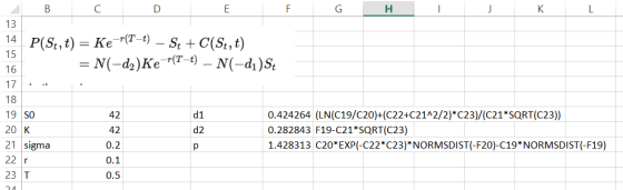 G 14 P(St,t) = Ker(T-t) – S+ + C(St,t) = N(-da)Ker(T-t) – N(-d, s, 17 1 .1 18 19 SO 0.424264 (LN(C19/C20)+(C22+C21^2/2)*C23)/