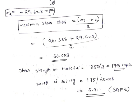 og - 29.628 mpay = (01-02) maximum shear stress = ( 90.388 + 29.628) ant - 60.008 Shear strength of material 3 350/2 = 175 mp