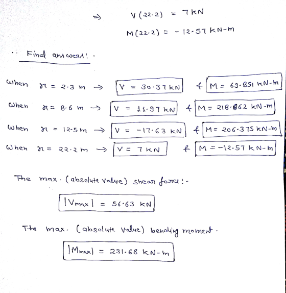 V (22-2) = 7 KN M (22-2) = -12.57 KN-m Final answers! : When en r=2-3 m > lv = 30. 37KNI AM= 69.851 KN-m When no 8.6 m > V =