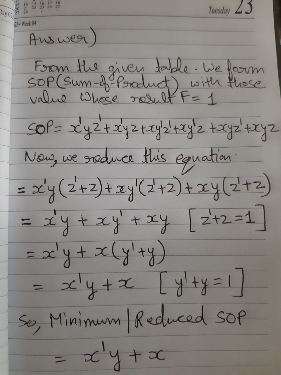 13 15 16 17 18 20 21 22 23 24 25 27 28 Day 022 Tuesday 23 23-Week 04 Answer) From the given table. We form SOP (Sum of Produc