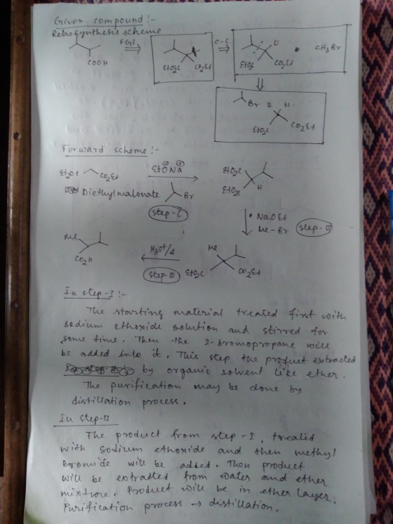 Given com compound- Retrosynthers scheme FGT CH₃ Br COOH £{ cqe Etol cou U H X +24 CORET forward scheme :- Etzole copet Cton