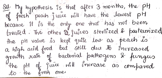 Sol My hypothesis is that after 3 montho, the pH of fresh peach juice will have the lowest plu because it is the only one tha