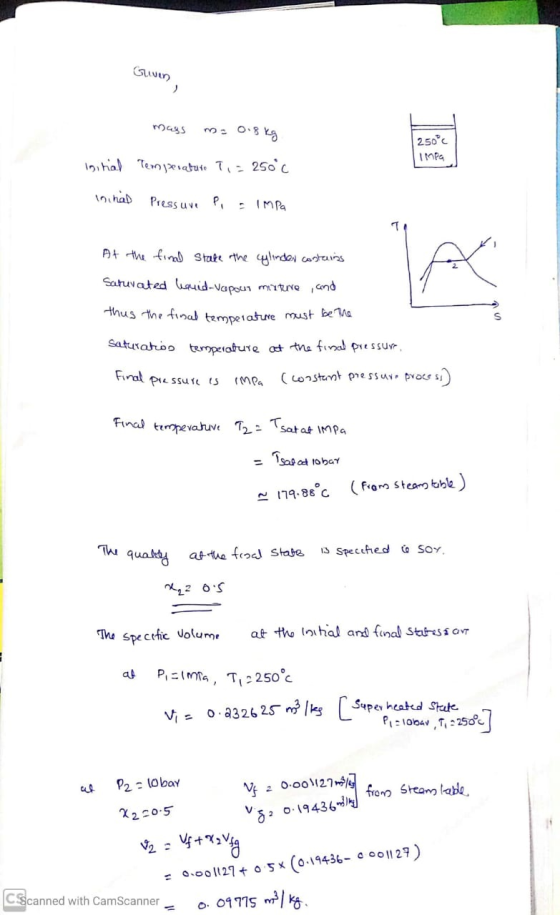 Given mass m= 0.8 kg 250°C IMPa Initial Temperature Ti= 250°c in had Pressure P - IMPa At the final stake the cylinder costai