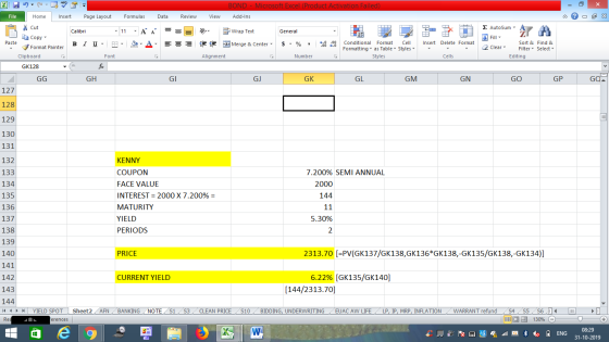 BOND - Microsoft Excel (Product Activation Failed) Add-Ins File Home Insert Page Layout Formulas Data Review View - 2x % Cut