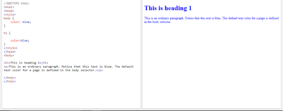 < IDOCTYPE html> <html> <head> <style> body This is heading 1 This is an ordinary paragraph. Notice that this text is blue. T