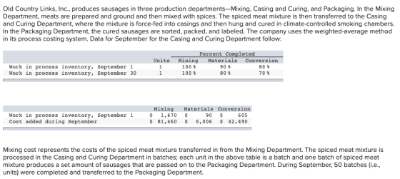 Old Country Links, Inc., produces sausages in three production departments-Mixing, Casing and Curing, and Packaging. In the M