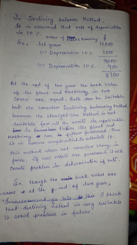 In Declining balance Method. It is assumed that rate of depreciation is 10% value of hatent a maching & So, Ist year 10,000 (