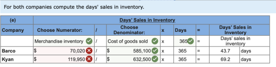 For both companies compute the days sales in inventory. (e) Company 1 = Days Sales in Inventory Choose X Days Denominator: