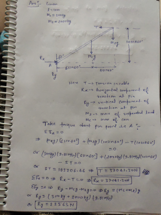 Am luven l=10m Me=300kg me=2000kg FULMUUTTOATA TOCO860 Me -ssingo 4 singo Here T Tension in cable Rx horizontal component of