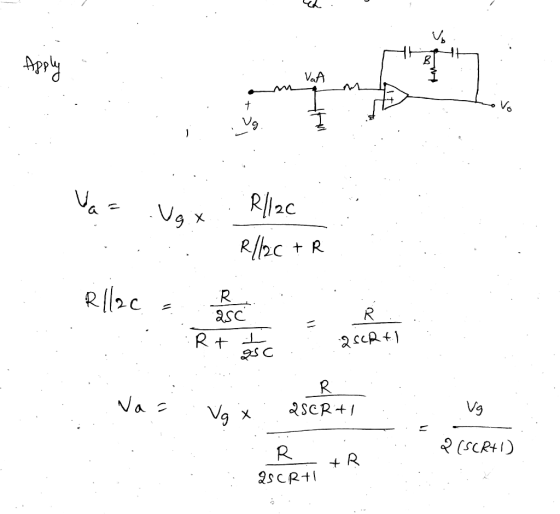 Apply VaA VO + Vg. - Va= Ng X R/2c R//2c +R Rllac R 25C R+ R L 2 SCR + 1 C کد va R 2SCR+1 Vg x Vg PISCR+1) R QSCRAI +R