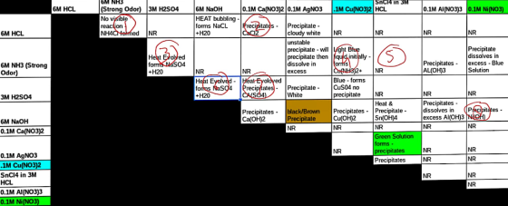 6M NH3 Strong Odor) 3M H2S04 No v reacion SncI4 iN 3M HCL M HCL 6M NaOH .1M Ca(NO3)20.1M AgNO3 .1M Cu 0.1M Al(NO3)3 10.1M Ni