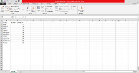 SHOPPING LIST xlsx Excel (Product Activation Failed) HOME INSERT PAGE LAYOUT FORMULAS DATA REVIEW VIEW DEVELOPER Sign in L --