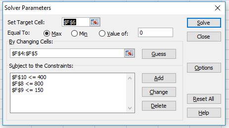 Solver Parameters Set Target Cell: F$6 Solve Equal To: ⓔMaxOMín O Value of: 0 Close By Changing Cells: SF$4:$F$5 Subject to t