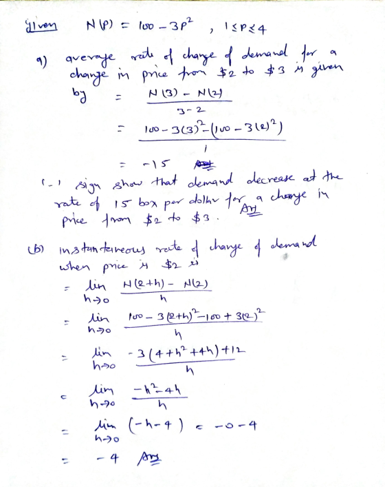 Ilven NIP) = luo - 382 2 15P24 q a average rate of change of demand for change in price from $2 to $3 is given by N 13) - N13