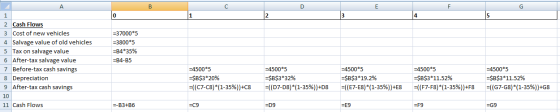 в A 1 2 Cash Flows 3 Cost of new vehicles 4 Salvage value of old vehicles 5 Tax on salvage value 6 After-tax salvage value 7