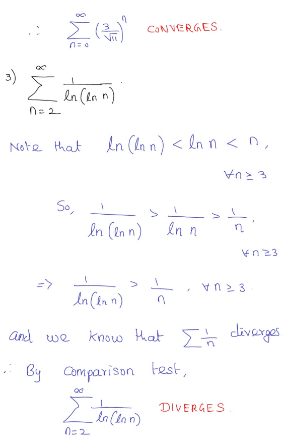 8 W (214) CONVERGES. n=o 3) en (enn) n=2 Note that ln (lnn) < ln n <n, Vna 3 So, In (enn) Inn kn23 Vn> 3. n and we In(enn) kn