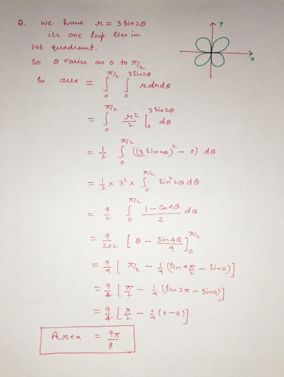 .. we have u= 3 sin 20 its one loop lies in 1st quadrant. so o raries as o to the T/ 3 Sinza So area rardo I (3 sinza? - o) d