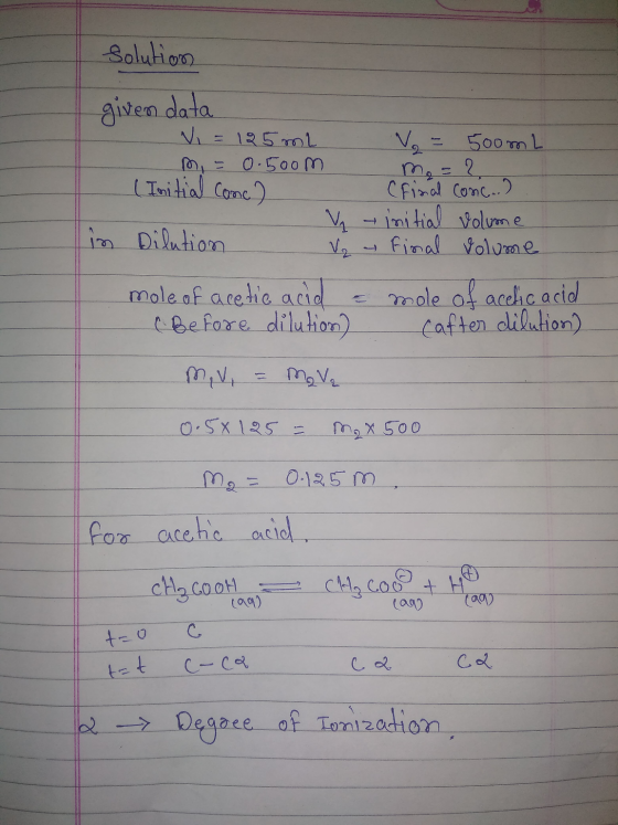 Solution given data Vi = 125 ml - m = 0.500 m (Initial Come) - in Dilution - V V a V = 500ml m = 2 Final Cosic...). initial v