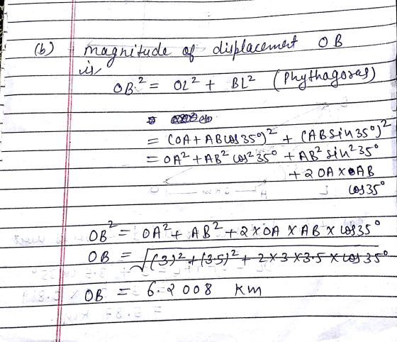 (b) magnitude of displacement of 02² + BL? (Phythagoras) is OB2 2x eo 2 COAT AB OS 3592 + CAB. S1435%) = oA² +AB² (0235 +AR²