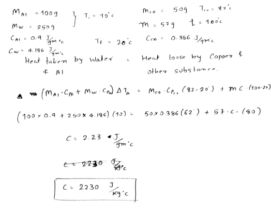 Mal = 1009 1 letos mw : 250g J Cal = 0.9 moc T = 20 c Cw² 4.186 Jamie Heat taken by Water - & Al Mco : 509 Toz Boc m=579 t =