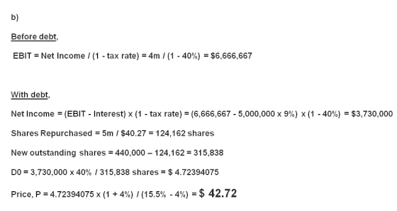 b) Before debt, Net Income / (1 - tax rate) 4m / (1 - 40%) $6,666,667 EBIT With debt, (6,666,667 - 5,000,000 x 9%) x (1 - 40%
