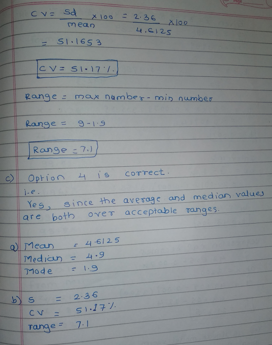Page cv = Sd x 100 = 2.36 mean 4.6125 S1.1653 cv = sl.17.1., Range = max namber-min number Range = 9-1.9 Range = 7.)) Option