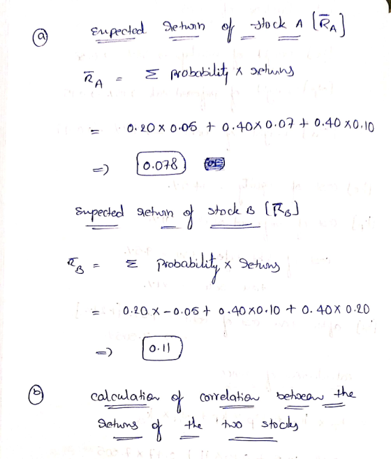 @ Expected return of stock A (RA) RA - E probability * Sehung = 0.20 X 0.05 +0.40% 0.07 + 0.40.80.10. - 0.078) Supected schur