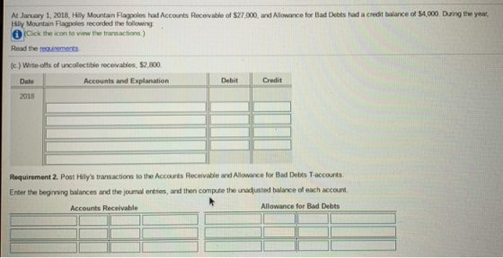 At January 1, 2018, Hilly Mountain Flagpoles had Accounts Receivable of $27,000, and Allowance for Bad Debts had a credit bal