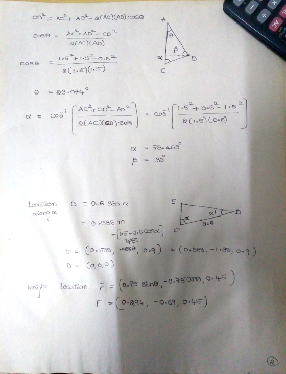X AC co? = AC + ADP-Q (AC)(AD) cose coso - Ac +AD - CD? QCAC)CAD) 105+1-52-0.62 cose &(1.5)(1:5) = 23.074 6181,5+0.62 1.527 Q