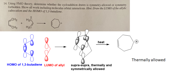 14. Using FMO theory, determine whether the cycloaddition drawn is symmetry-allowed or symmetry forbidden. Show all work incl