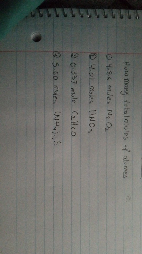 How many totalmoles of atomes 0 4.86 moles N₂ O₂ 04.01 moles HNO3 ③ 0.337 mole C₂H60 @ 5.50 moles (NHU)2S