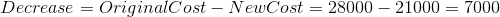 Decrease =OriginalCost-NewCost=28000-21000=7000