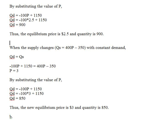 By substituting the value of P, Od -100P1150 Od -100*2.5 1150 Qd 900 = Thus, the equilibrium price is $2.5 and quantity is 90