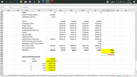05:09 х 10 01 2020 Al166 ANSWER AB AC AF AL AA AD AE AG АН Al AJ AK 147 YEAR 3 COST OF FIXED ASSETS 148 -187000 149 WORKING C