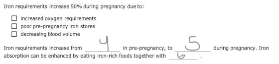 Iron requirements increase 50% during pregnancy due to: increased oxygen requirements poor pre-pregnancy iron stores decreasi