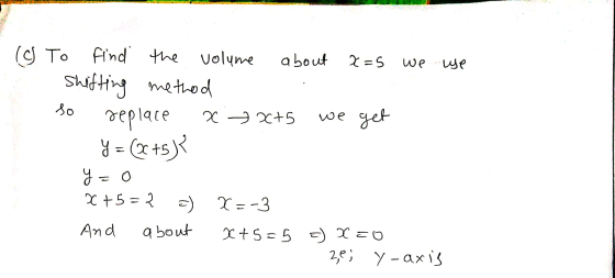 we we so (6) To find the volume about x=5 shifting method replace x x+5 we get y = (x+5)? y=0 x+5=2 3) X=-3 And x+5=5 =) X=0