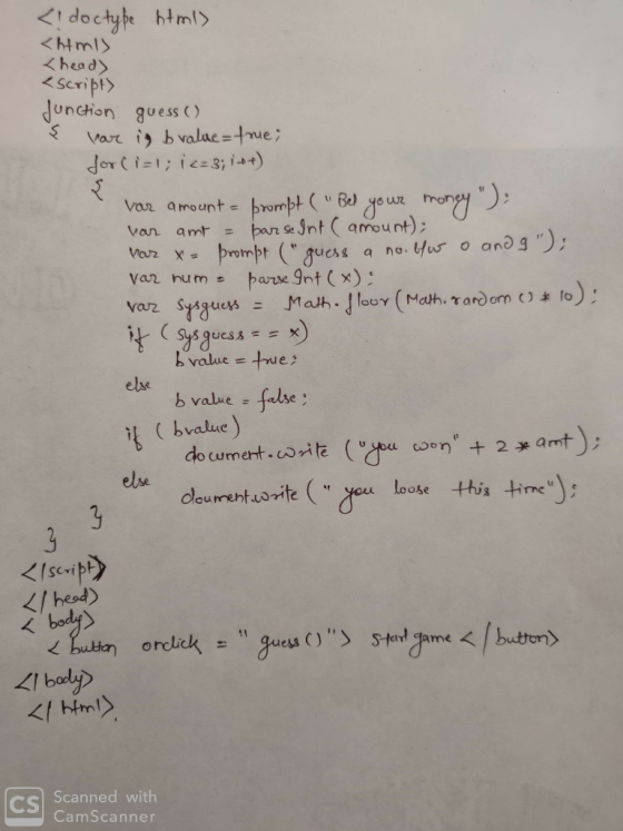 <! doctyfe html> <html) <head> <script> Junction guess () Var ig bvalue =true; Jor (i=1; ic=3; it) var amount = brompt ( Bel