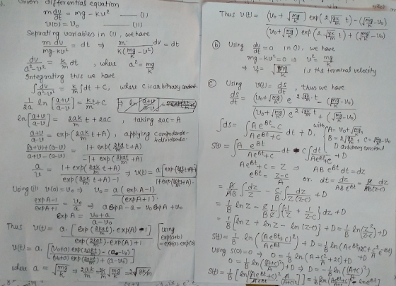 Given differ emtial equahion Zo) Thus v(Ut e(t)(-) m mg-ku2 (11) (Vot ) exp (2 t)+ (-) Sepoah ng vaniablen in (), we have = d