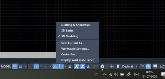 Drafting & Annotation 3D Basics ✓ 3D Modeling Save Current As... Workspace Settings... Customize... Display Workspace Label *