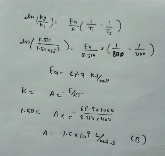 blems that FCF ) Ea= 68.9 kJ/mol K= A e-E/RT 1.50€ Axe- Si home A = lisxlol Yoons (B)