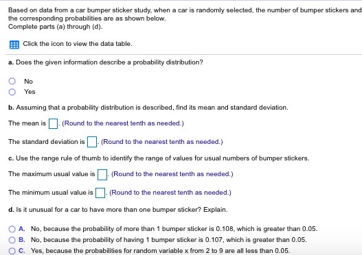 Based on data from a car bumper sticker study, when a car is randomly selected, the number of bumper stickers and the corresp